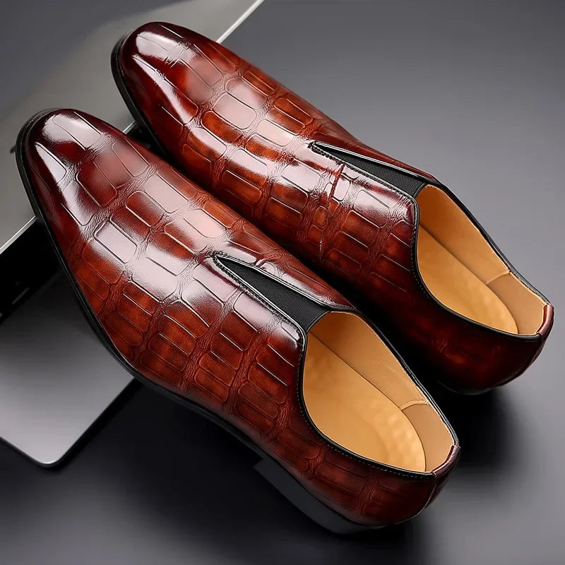 Men's glossy crocodile-effect slip-on loafers with a rounded toe and low block heel
