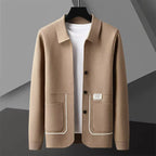 Men's collared cardigan with button front, long sleeves and contrast-trimmed patch pockets