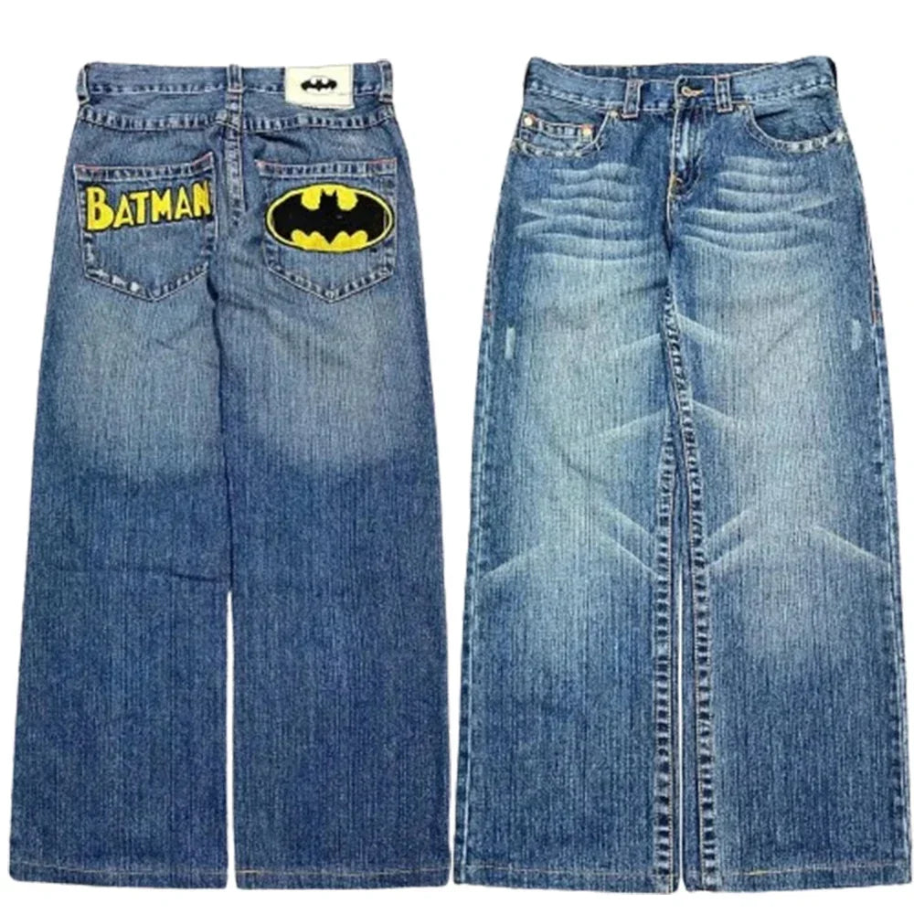 Blue Batman graphic jeans with wide legs and rear pocket patches