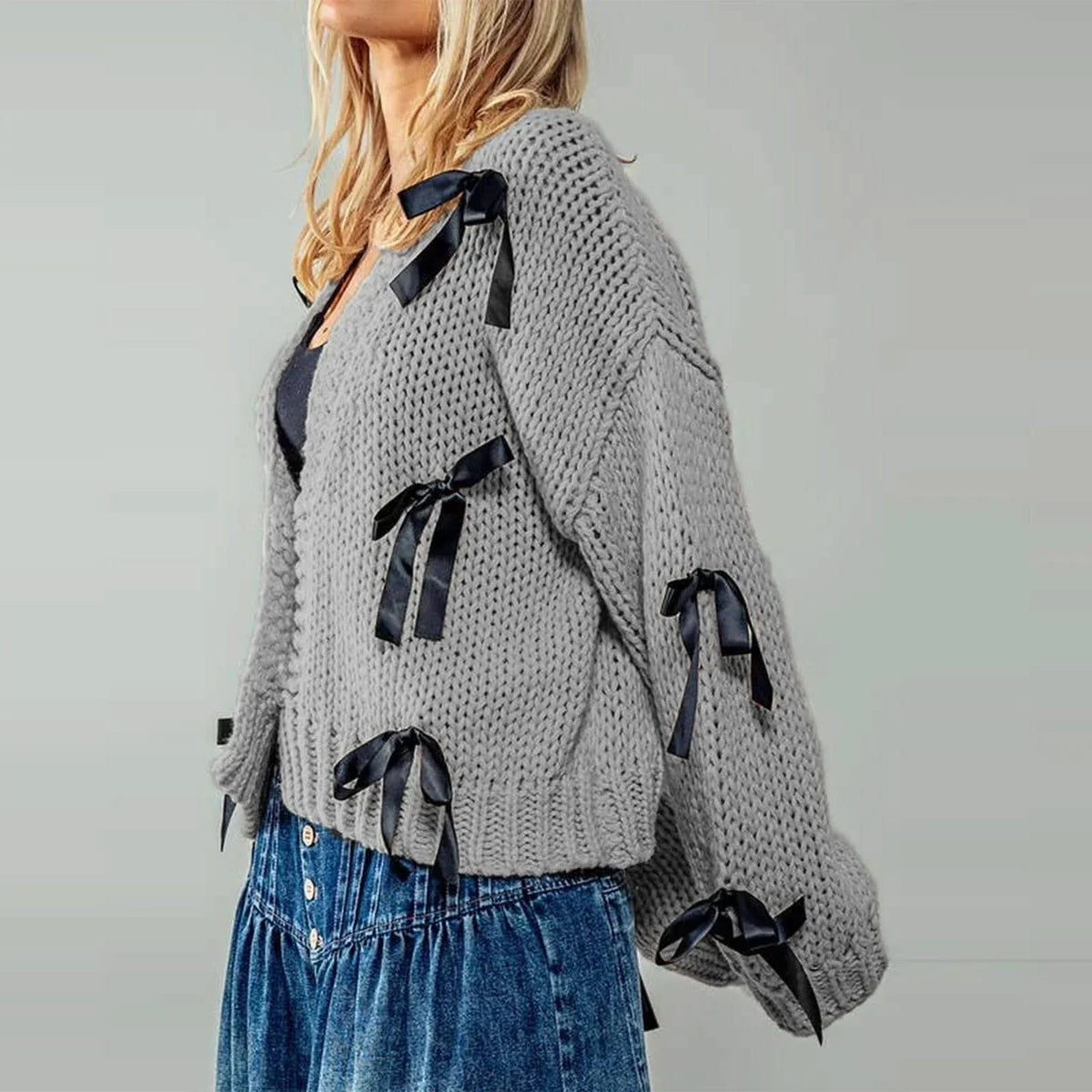 Women's knitted cardigan with ribbon bow ties and long sleeves