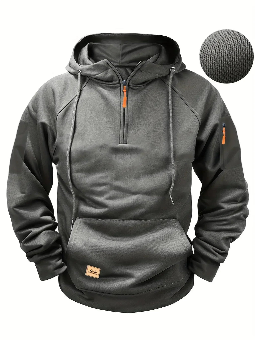 Men's solid hooded zip hoodie with drawstrings, long sleeves and front pouch pocket