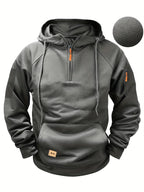 Men's solid hooded zip hoodie with drawstrings, long sleeves and front pouch pocket