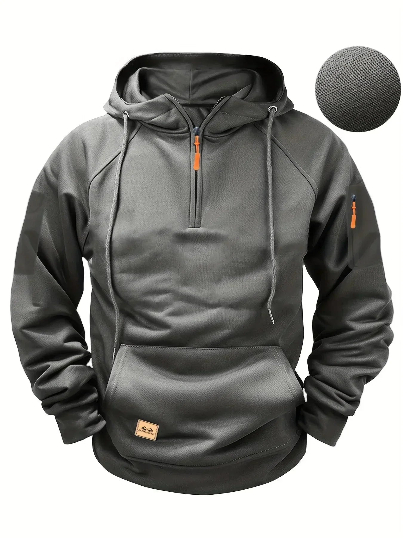 Men's solid hooded zip hoodie with drawstrings, long sleeves and front pouch pocket