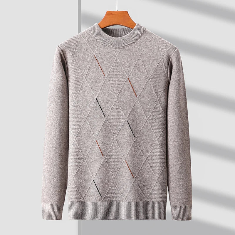 Men's geometric argyle crew neck sweater with long sleeves and ribbed trims