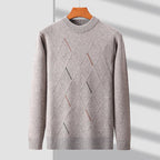 Men's geometric argyle crew neck sweater with long sleeves and ribbed trims