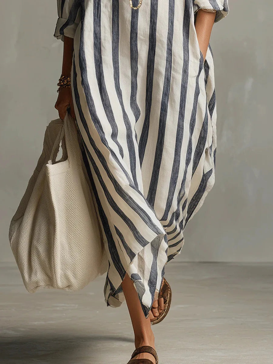 Women's long striped shirt dress with collar and rolled sleeves