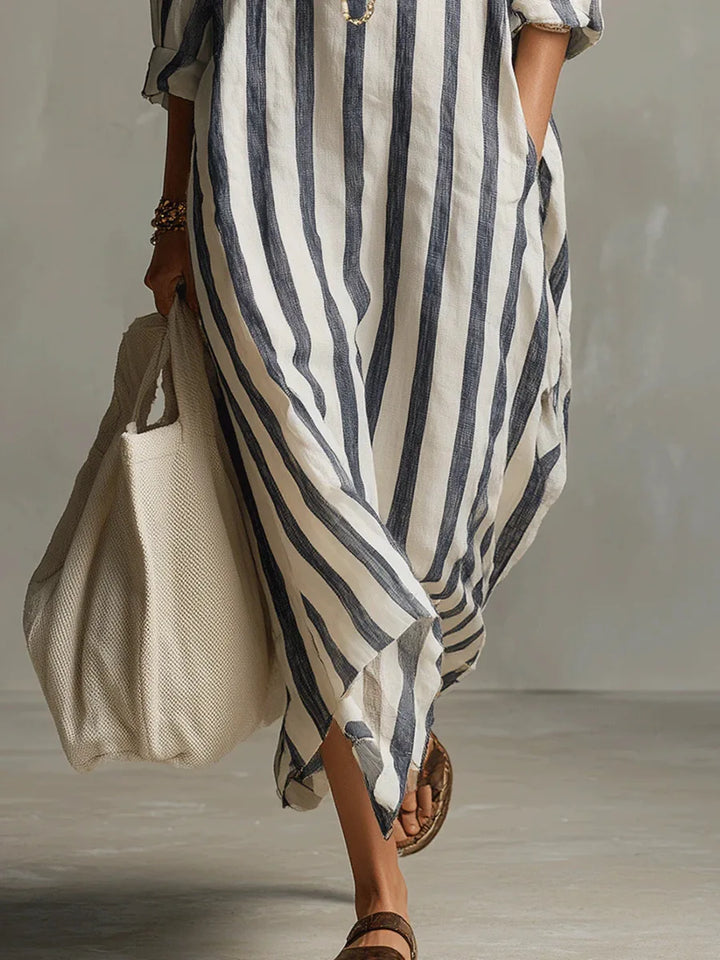 Women's long striped shirt dress with collar and rolled sleeves