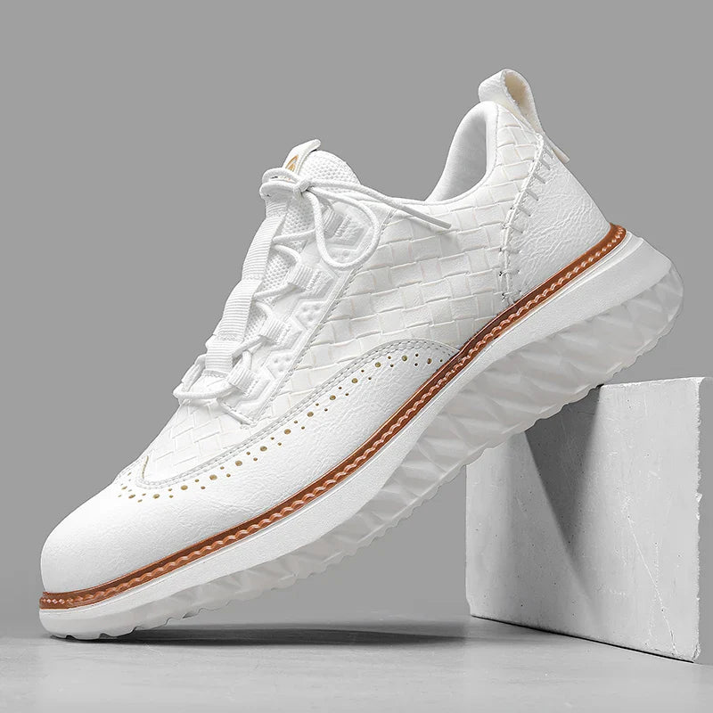 Textured lace-up sneakers with rounded toe and contrast sole trim