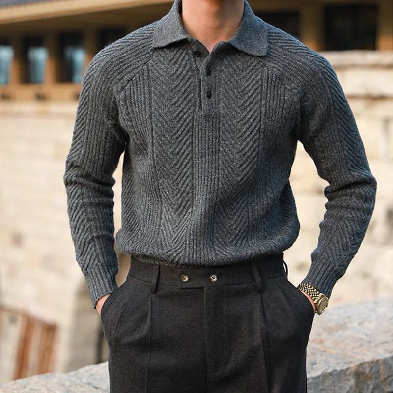 Men's cable knit polo sweater with long sleeves