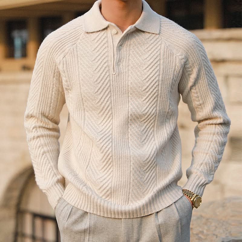 Men's cable knit polo sweater with long sleeves