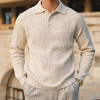 Men's cable knit polo sweater with long sleeves