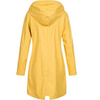 Women's hooded mid-length raincoat with long sleeves and front pockets