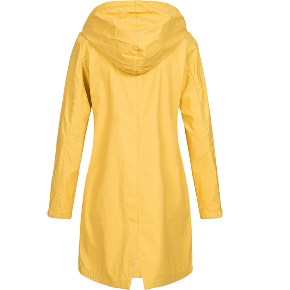 Women's hooded mid-length raincoat with long sleeves and front pockets