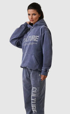 Women's blue graphic hoodie with text design and kangaroo pocket