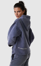 Women's blue graphic hoodie with text design and kangaroo pocket