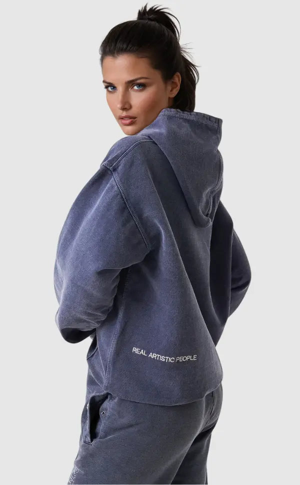 Women's blue graphic hoodie with text design and kangaroo pocket