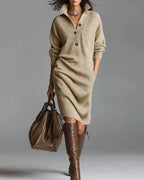 Women's ribbed collared button-front midi dress