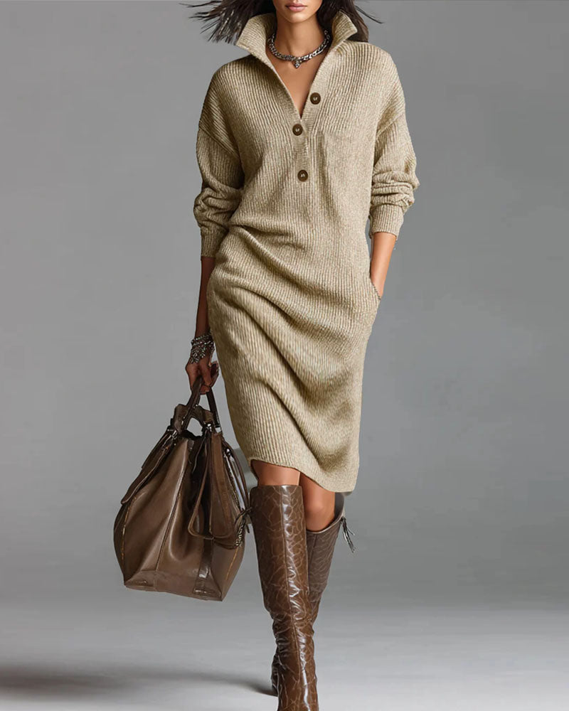 Women's ribbed collared button-front midi dress