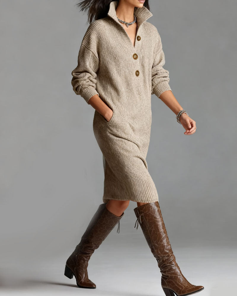 Women's ribbed collared button-front midi dress