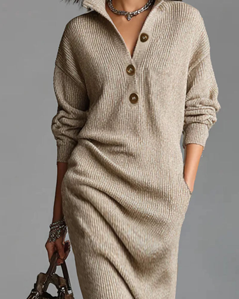 Women's ribbed collared button-front midi dress