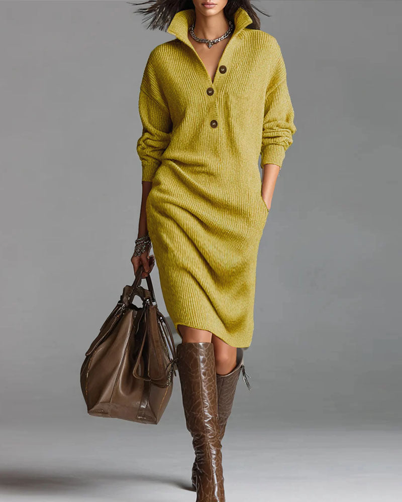 Women's ribbed collared button-front midi dress
