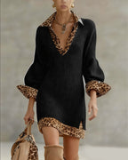 Women's ribbed knit mini dress with leopard print collar, cuffs and hem