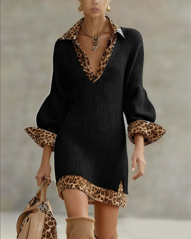 Women's ribbed knit mini dress with leopard print collar, cuffs and hem