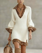 Women's ribbed knit mini dress with leopard print collar, cuffs and hem