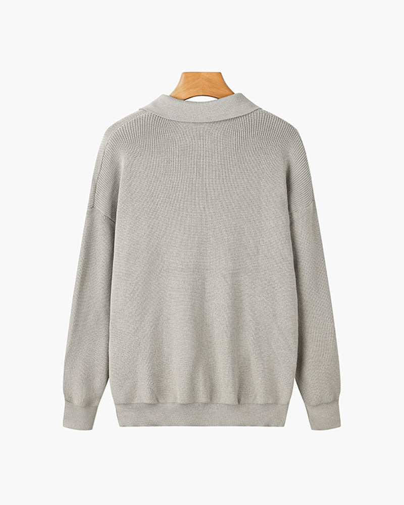 Men's ribbed half-zip sweater with pointed collar in grey and black options