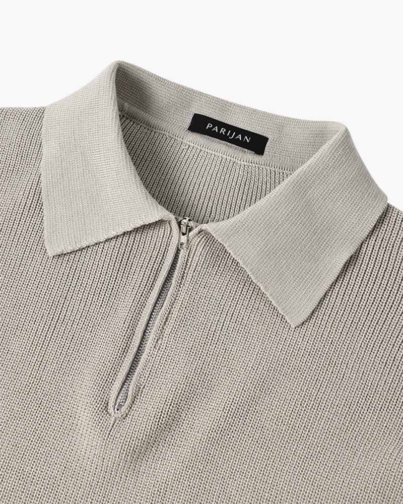 Men's ribbed half-zip sweater with pointed collar in grey and black options