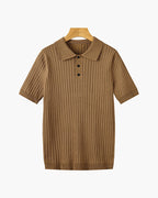 Men's ribbed knit polo shirt with short sleeves and button placket