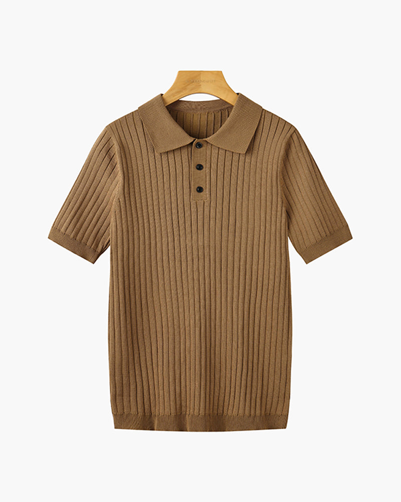 Men's ribbed knit polo shirt with short sleeves and button placket