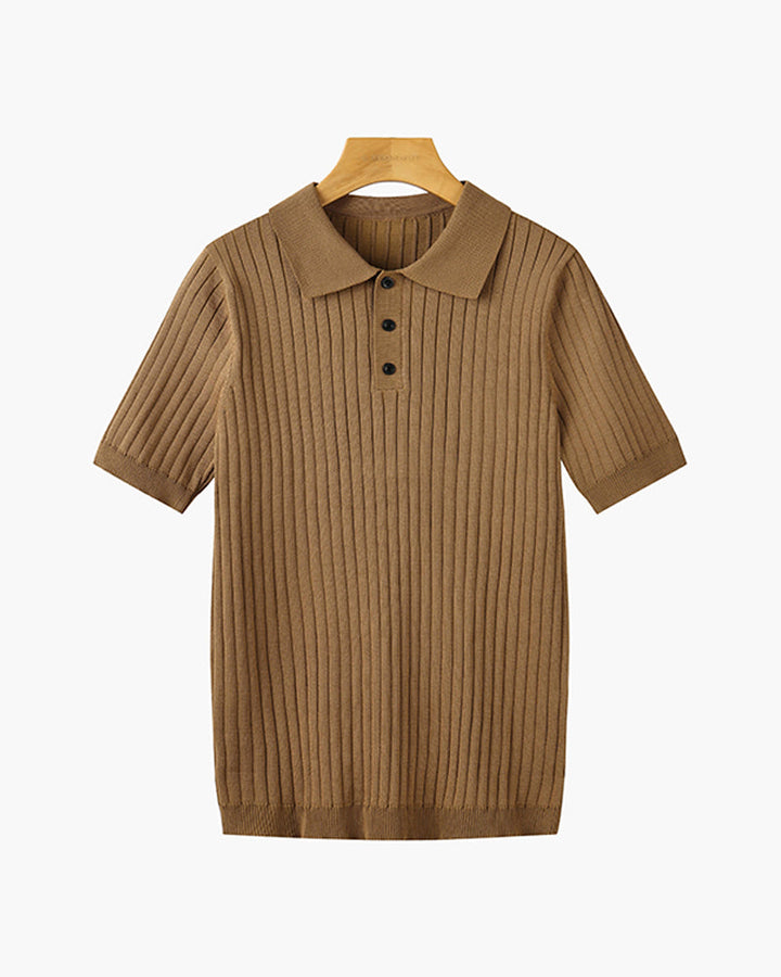 Men's ribbed knit polo shirt with short sleeves and button placket