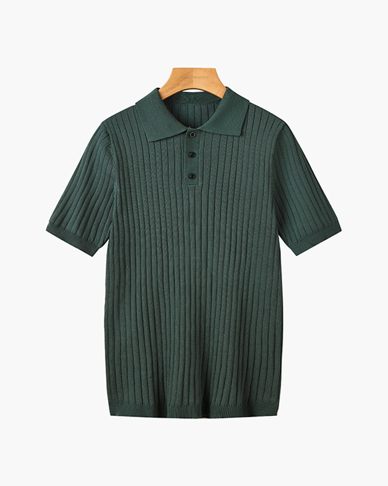 Men's ribbed knit polo shirt with short sleeves and button placket