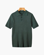 Men's ribbed knit polo shirt with short sleeves and button placket
