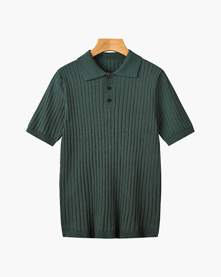 Men's ribbed knit polo shirt with short sleeves and button placket