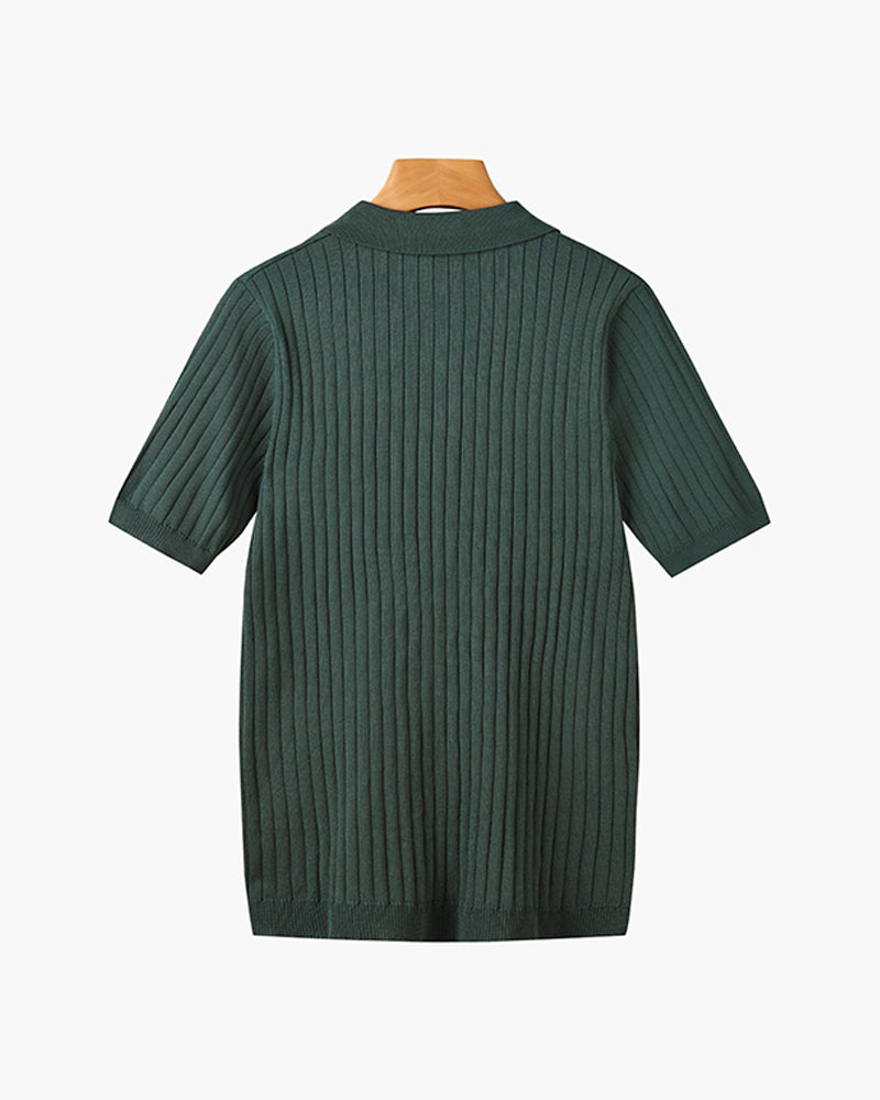 Men's ribbed knit polo shirt with short sleeves and button placket