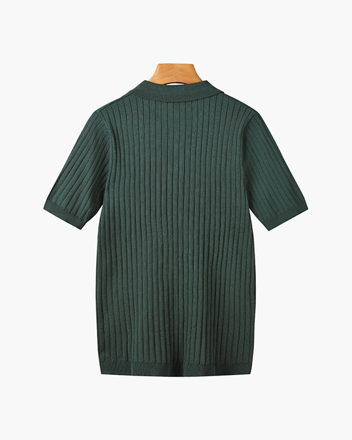 Men's ribbed knit polo shirt with short sleeves and button placket