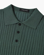 Men's ribbed knit polo shirt with short sleeves and button placket