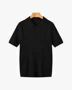 Men's ribbed knit polo shirt with short sleeves and button placket