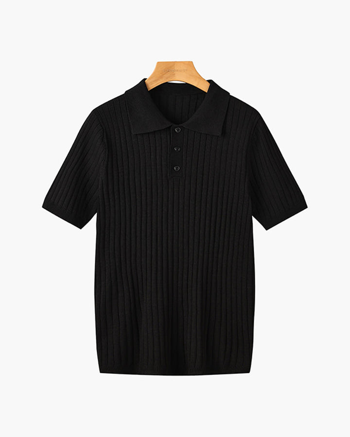 Men's ribbed knit polo shirt with short sleeves and button placket
