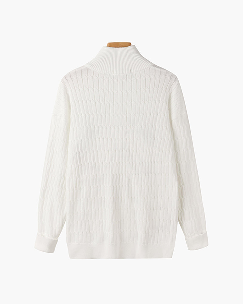 Half-zip ribbed sweater with mock neck and long sleeves