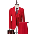 Men's three-piece suit with notch-lapel jacket, buttoned waistcoat and matching trousers