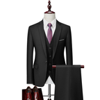Men's three-piece suit with notch-lapel jacket, buttoned waistcoat and matching trousers