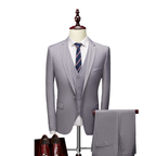 Men's three-piece suit with notch-lapel jacket, buttoned waistcoat and matching trousers