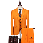 Men's three-piece suit with notch-lapel jacket, buttoned waistcoat and matching trousers