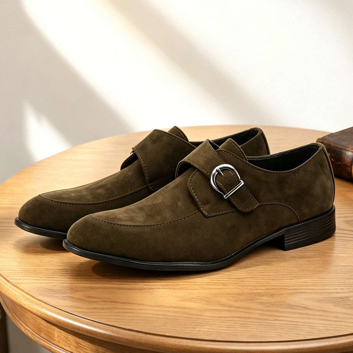 Men's monk strap loafers with buckle fastening, almond toes and low heels