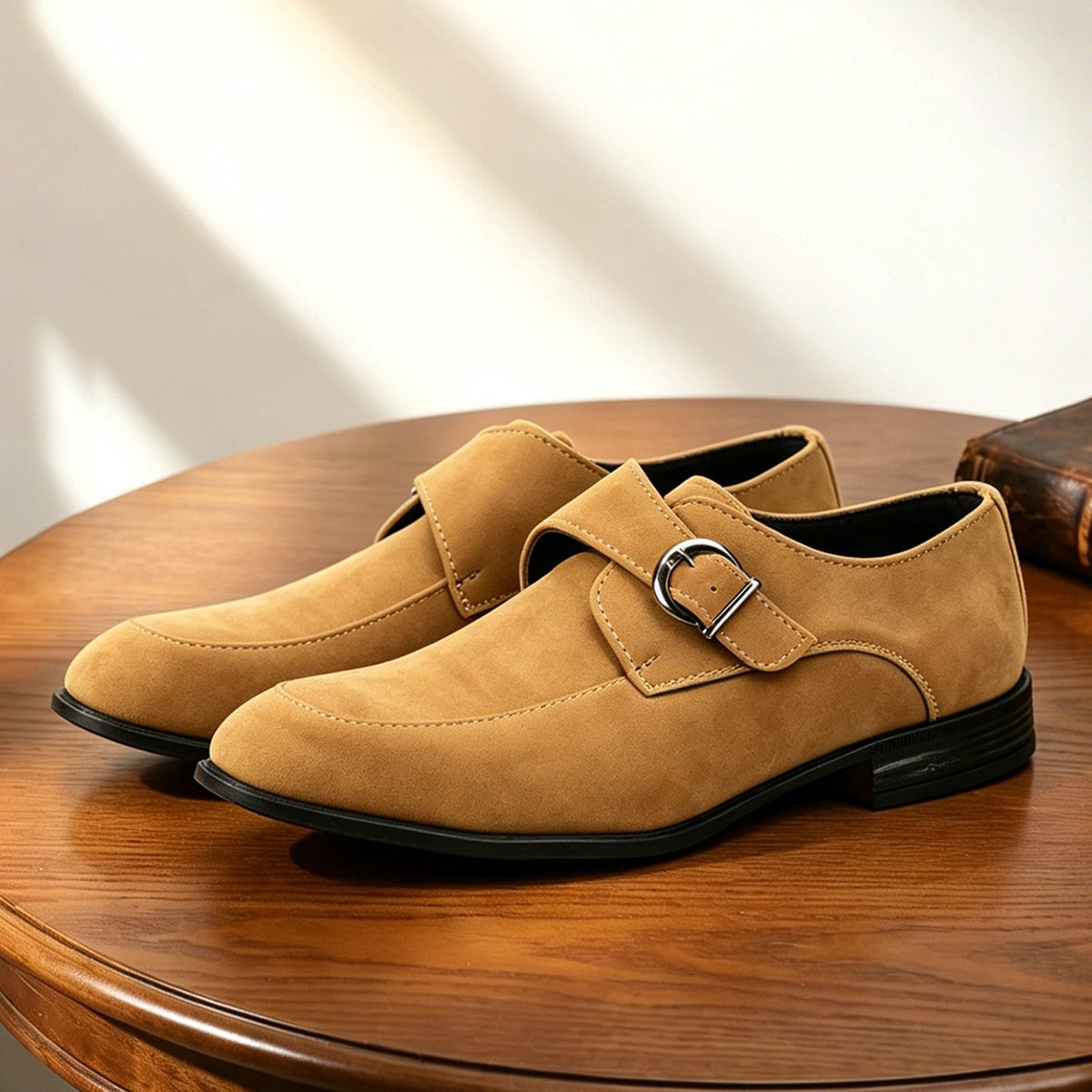 Men's monk strap loafers with buckle fastening, almond toes and low heels