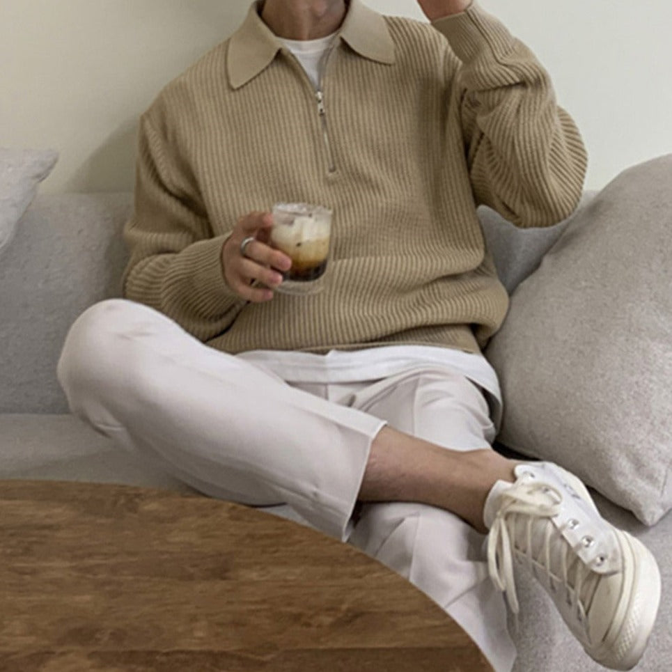 Men's ribbed half-zip sweater with polo collar and long sleeves