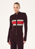 Women's ribbed knit jacket with striped chest and zip front